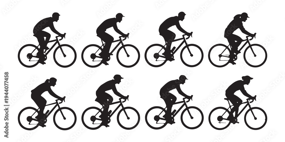 Fototapeta premium Set of cyclist silhouettes demonstrating different riding positions, men and women in motion