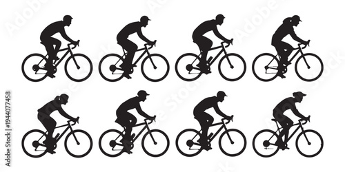 Set of cyclist silhouettes demonstrating different riding positions, men and women in motion
