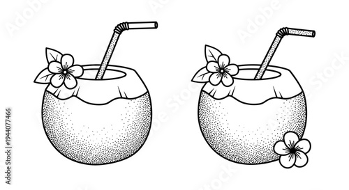 Two refreshing coconut drinks with flowers and straws, perfect for summer