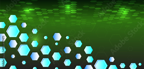 Abstract green technology background with glowing hexagonal shapes and digital pattern, representing innovation, data networks, science, and modern technological systems.