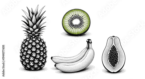 Stylized illustration of a pineapple, kiwi, bananas, and papaya in a dot art style