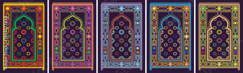 Islamic Prayer Mat Colorful Set, Muslim Janamaz Rug Design with Mihrab Arch, Flat 2D Prayer Carpet, Illustration Collection