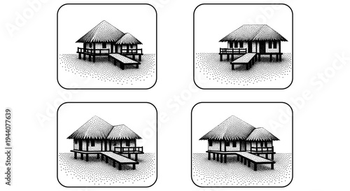 Collection of four dot art illustrations of stilt houses on tropical islands