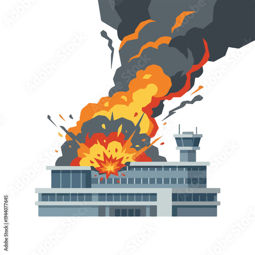 vector flat of an airport damaged by fire from a missile attack 08