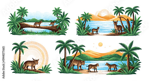 Wild animals in tropical jungle and savanna landscapes with palm trees and water