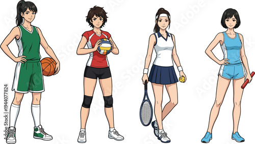 Set of Female Athletes in Sports Outfits, including Basketball, Volleyball, Tennis, and Track for Sports, Fitness, and Active Lifestyle Illustrations