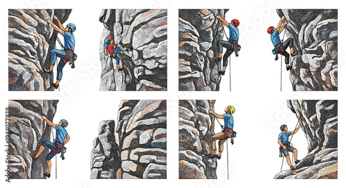 Diverse group of climbers ascending rocky cliffs in various poses and styles