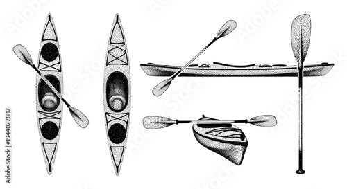 Set of kayak and paddle illustrations from different angles in a stippled art style
