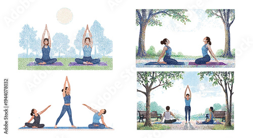 Diverse group of people practicing yoga outdoors in a park setting with trees and sun