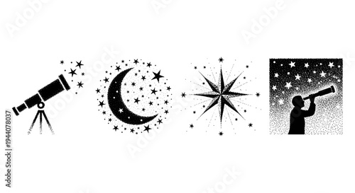 Telescope, crescent moon, starburst, and person looking through telescope at night sky