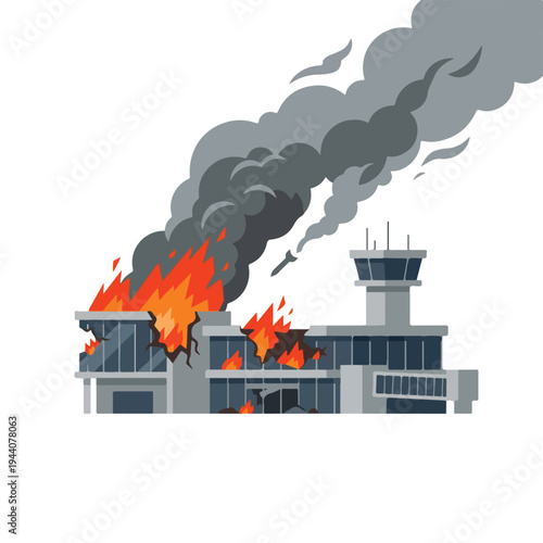 vector flat of an airport damaged by fire from a missile attack 2
