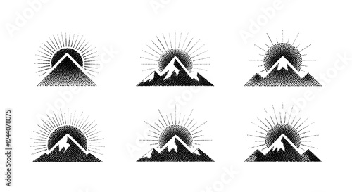 Set of six minimalist dot art mountain sunrise and sunset emblems with sun rays