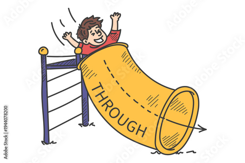 Boy slides through the tube doodle vector isolated. Hand-drawn illustration of a preposition through. Learning English language. Kid having fun.