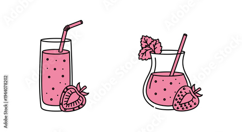 Two refreshing strawberry drinks with fresh fruit and mint leaves, simple line art
