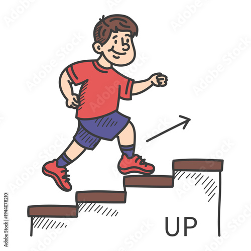 Boy goes up the stairs doodle vector isolated. Hand-drawn illustration of a happy kid moving up. Learning English prepositions.