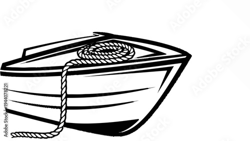 A black and white graphic of a boat with a coil of rope on deck and a loose end