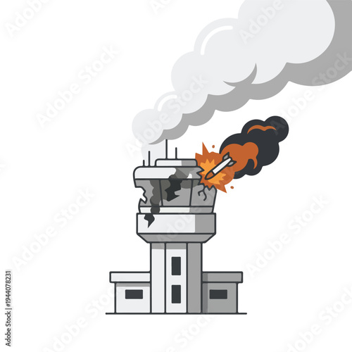 vector flat of an airport damaged by fire from a missile attack 005