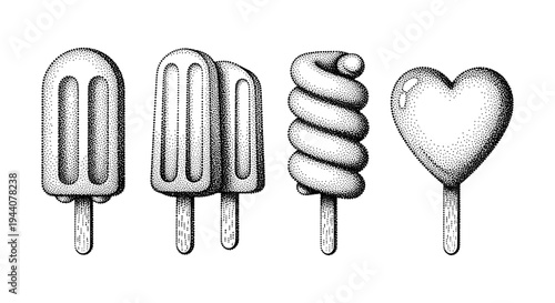 Collection of four stylized popsicles and ice cream treats in a dot art illustration style