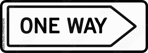 A black and white graphic sign indicating a one-way direction
