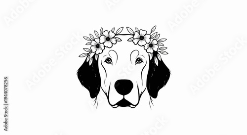A black and white illustration depicts a dog's face adorned with a floral crown and leaves