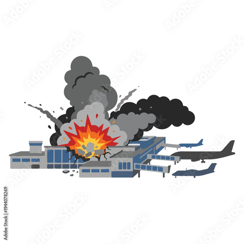 vector flat of an airport damaged by fire from a missile attack 1