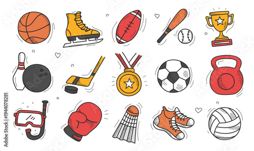 Sport doodle set vector isolated. Collection of hand-drawn icons. Idea of active lifestyle. Sport equipment. Football, basketball, hockey and baseball. Team sport competition.