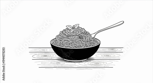 A black and white illustration of a bowl of spaghetti with meat sauce on a wooden table