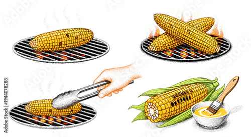 Grilling corn on the cob with butter and tongs, a summer cooking illustration