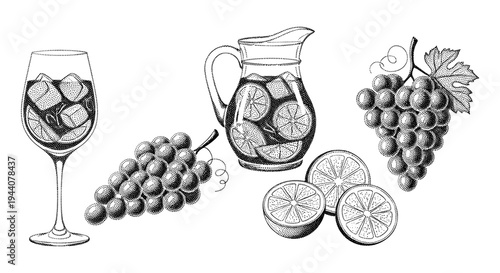 Vintage illustration of refreshing drinks and fruits, perfect for summer beverages
