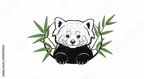A black and white illustration of a red panda with bamboo branches surrounding it
