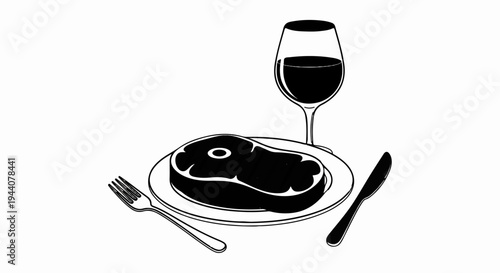 A black and white illustration of a raw steak on a plate with a fork, knife, and glass of red wine