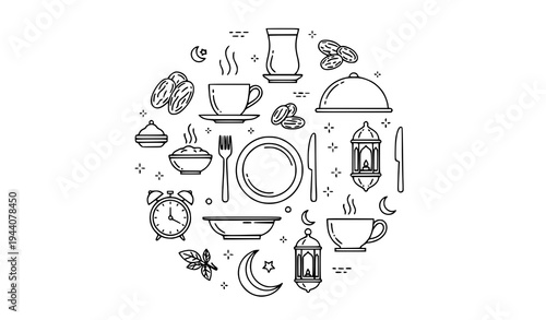 Ramadan fasting meal outline icons collection iftar suhoor thin line vector isolated on white