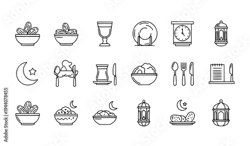 Ramadan iftar and suhoor thin line editable icons set Islamic fasting meal vector isolated on white background