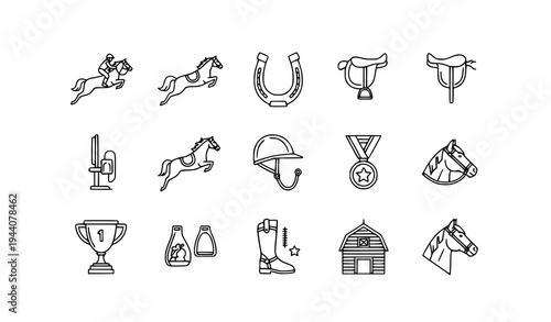 Horse riding thin line editable icons set equestrian sport outline vector isolated on white background