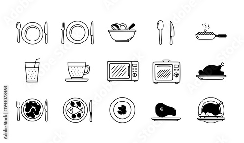 Tableware and cooking thin line editable icons set food plate bowl cutlery kitchen vector isolated on white background