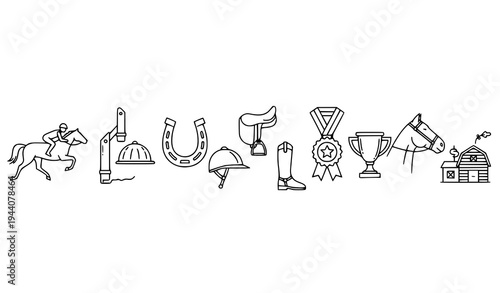 Horse riding and equestrian sport thin line editable icons vector set isolated on white background