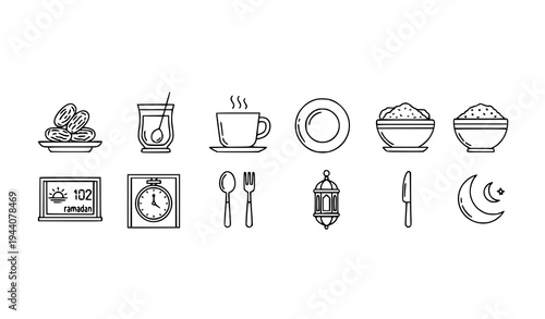 Ramadan iftar meal thin line icons set dates tea cutlery clock vector isolated on white background