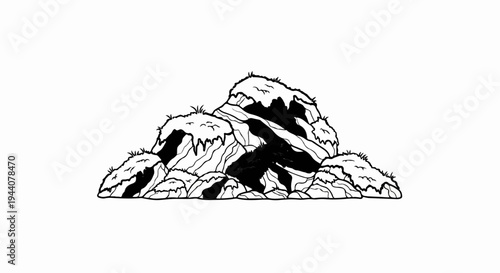 A black and white illustration of a rough, rocky outcrop with sparse vegetation