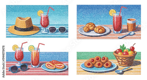 Summer vacation still life with drinks, snacks, and accessories in pointillism style