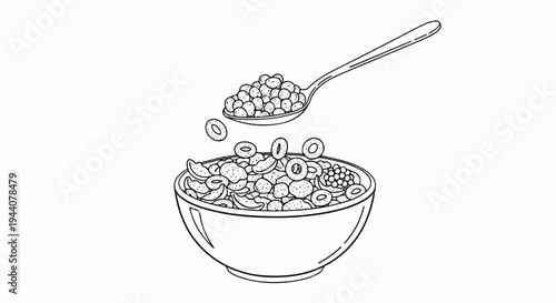 A black and white illustration of a spoon loaded with cereal hovering above a bowl of cereal