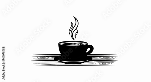 A black and white illustration of a steaming cup of coffee on a wooden surface