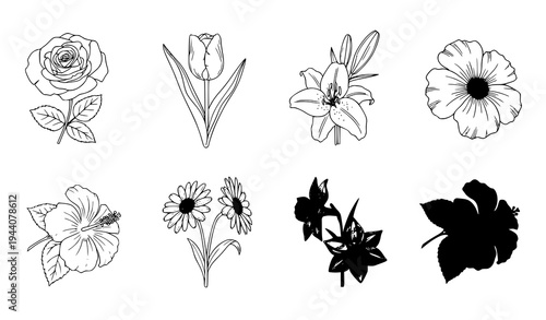 Botanical flower icon set rose tulip lily daisy hibiscus outline and solid vector isolated on white background