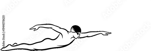 A black and white line drawing depicts a swimmer in a streamlined position, arms extended