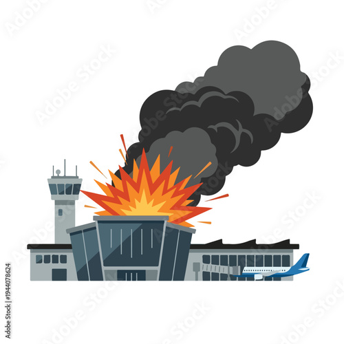 vector flat of an airport damaged by fire from a missile attack 02