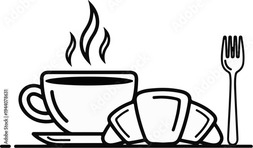 A simple black and white illustration of a steaming cup of coffee with a croissant and a fork