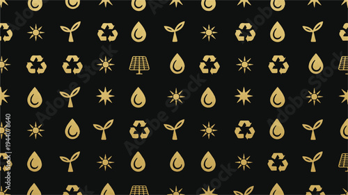 Golden eco-icons pattern on black: renewable energy, nature, and recycling graphics, environmental, sustainability, golden, black background, pattern, solar panel