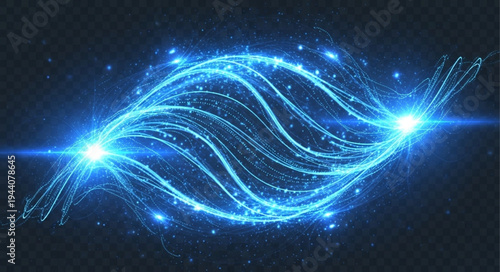 Abstract blue energy waves flowing with light particles.