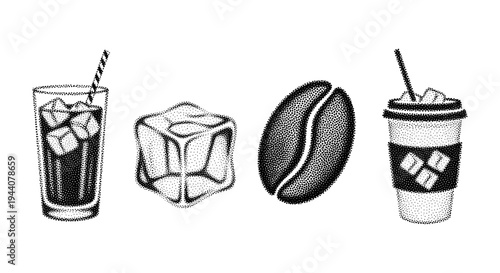 Collection of iced coffee elements: drink, ice cube, coffee bean, and to-go cup