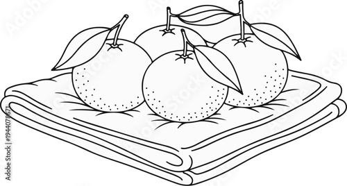 A delightful black and white illustration of four oranges with leaves resting on a folded fabric