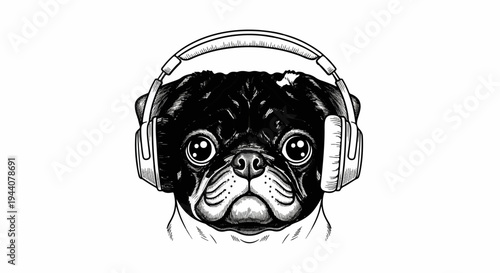 A detailed black and white drawing of a pug wearing large headphones
